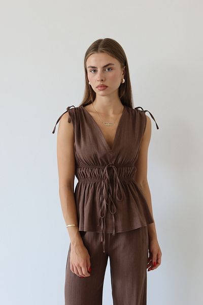 JASTE Women's Shoulder Waist Gathered Blouse & Elastic Waist Pants Linen Set