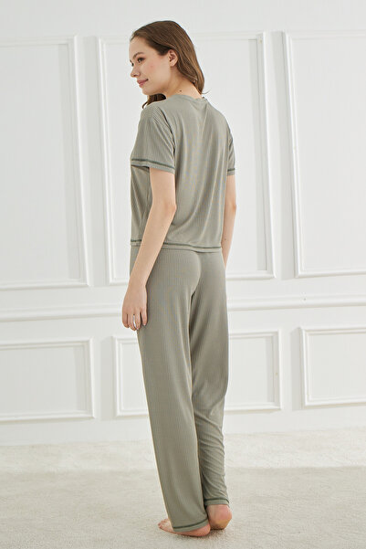 TURAY Cute Shapes Detay Kısakol Kadın Haki Pijama Takımı