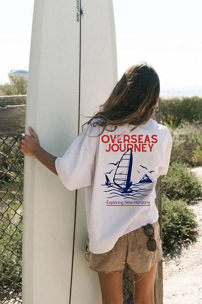 Le'sluette shadow of style Women's Sailboat Printed 100% Cotton Oversize T-Shirt