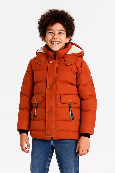 Mika Bebek & Çocuk Furry Hooded Boy's Tile Coat with Extra Padded Pockets and Zipper