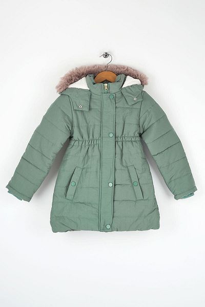 Mika Bebek & Çocuk Thick Fiber Filled Water Wind And Rain Proof Hooded Girl's Winter Luxury Green Puffer Jacket
