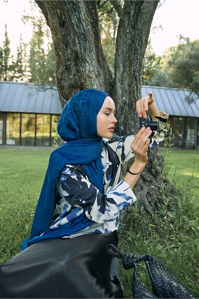 Qef Silk Jacquard Monogram Shawl Navy Blue