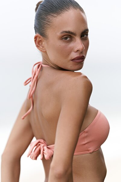 BOHEMAİ Floral Tie-Up Gathered Detail Salmon Bikini Top