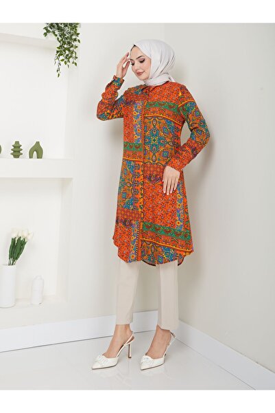 Kirazgym Ethnic Orange Patterned Viscose Tunic