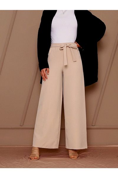 Kirazgym Women's Stone Color Crepe Fabric Wide Leg Lace up Trousers – Relaxed Fit & Elastic Waist
