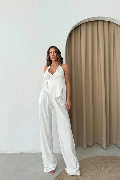 Aventien White Blouse Pants Set with Tie Front