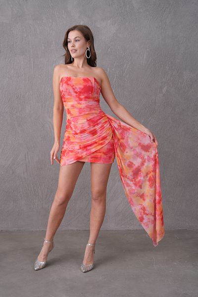 bayansepeti Orange Sky Pattern Strapless Draped Mini Dress for Women 169 Model