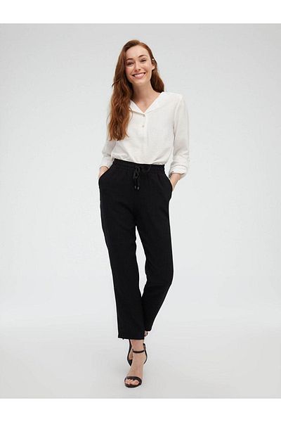 Lucia Fashion Women's Black Elastic Waist Carrot Cut Slim Leg Fabric Trousers with Side Pockets