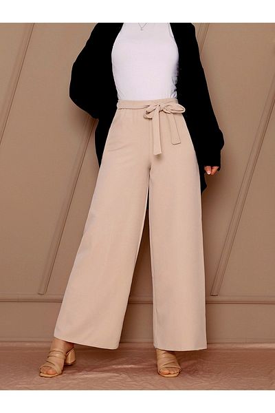 Kirazgym Women's Stone Color Crepe Fabric Wide Leg Lace up Trousers – Relaxed Fit & Elastic Waist