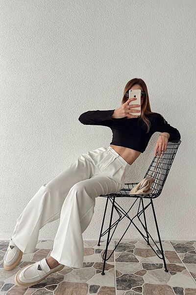 Kirazgym Women's White High Waist Palazzo Pants – Wide Leg Fabric Trousers
