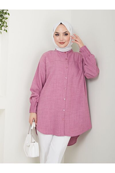 Kirazgym Women's Pink Ayrobin Linen Shirt – Ribbed Detail, Crew Neck, Comfortable Fit Compatible with Hijab