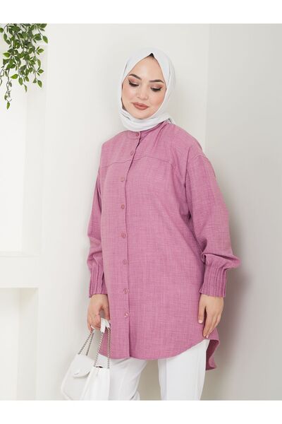 Kirazgym Kadın Pembe Ayrobin Keten Gömlek – Nervür Detaylı, Bisiklet Yaka, Tesettür Uyumlu Rahat Kalıp