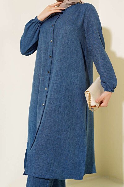 Kirazgym Dámská námořnická modrá dvoukomorová tunika s límečkem a knoflíkem – dlouhý rukáv, kapsa, bavlna