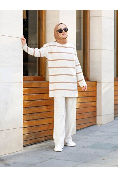 Maystore Kő színű női csíkos kötöttáru nadrág és tunika szett