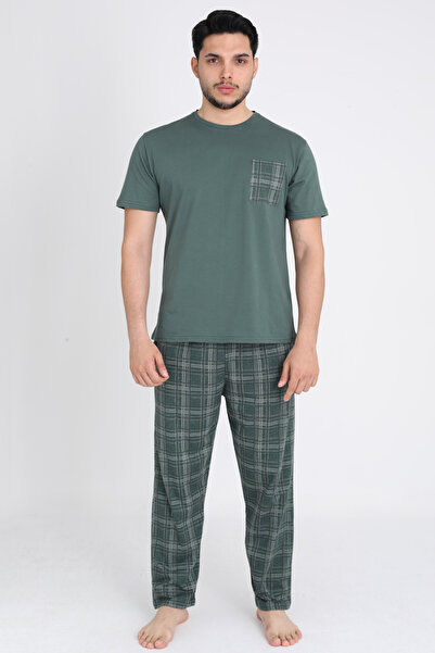 TURAY Leeds Wrist %100 Pamuk Erkek Kısakol Ekose Haki Pijama Takımı