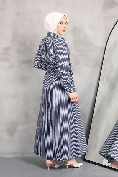 Kirazgym Μπλε ριγέ πουκάμισο με γιακά με ζώνη Hijab καλοκαιρινό φόρεμα – με κρυφή τσέπη, εκτεταμένη εφαρμογή, βαμβακερή επένδυση