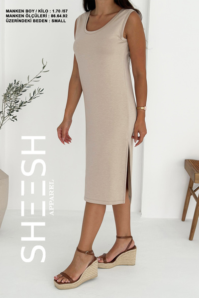 SHEESH APPAREL Bej Askılı Basic Modal Yazlık Elbise