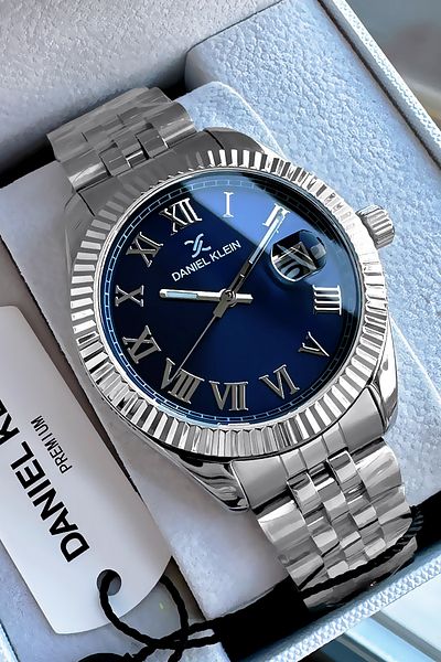 Daniel Klein Men's Wristwatch 3 Atm Waterproof Silver Color Steel Strap + Natural Stone Bracelet CBK86