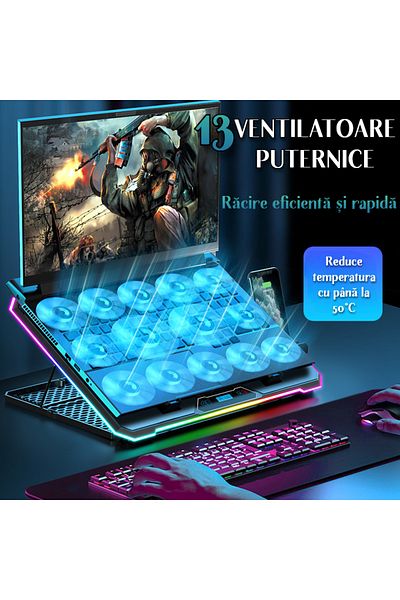 VENTLEX Cooler Laptop Gaming Rgb Silentios, 9 Trepte De Ajustare, 13 Ventilatoare Cu Suport Telefon Integrat