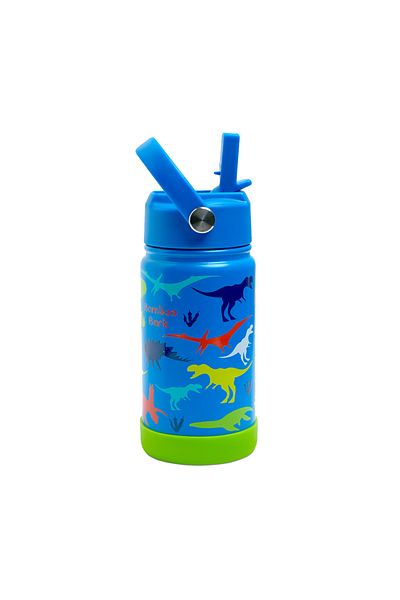 Bamboo Bark Dinosaur Insulated Water Bottle with Straw & Handle – Stainless Steel Double Wall Thermos Flask