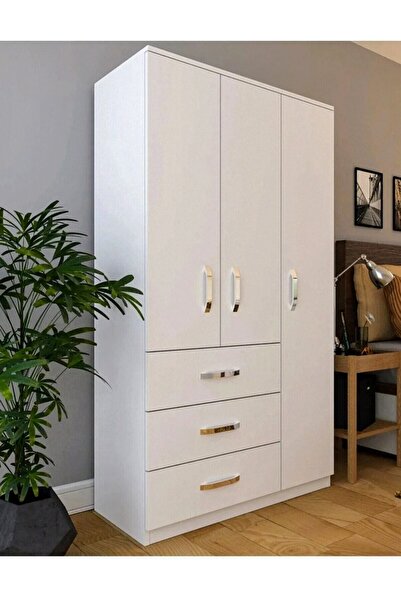 Dekoria Home Gardırop Elbise Dolabı 3 Kapılı, 3 Çekmeceli,3 Raflı Beyaz