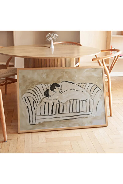 HİGUERA Bej Tonlarında Yumuşak Dokulu Aşıklar Doğal Ahşap Çerçeveli Tablo