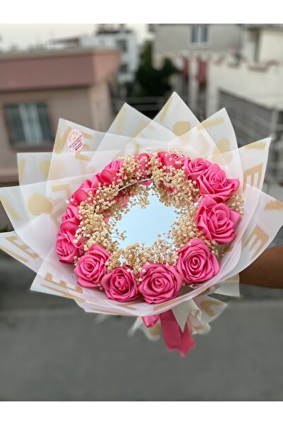 PARSÇİÇEK Aynalı Gül Buketi Aynali Buket Yapay Solmayan Gül Pembe Gül Ve Cips...