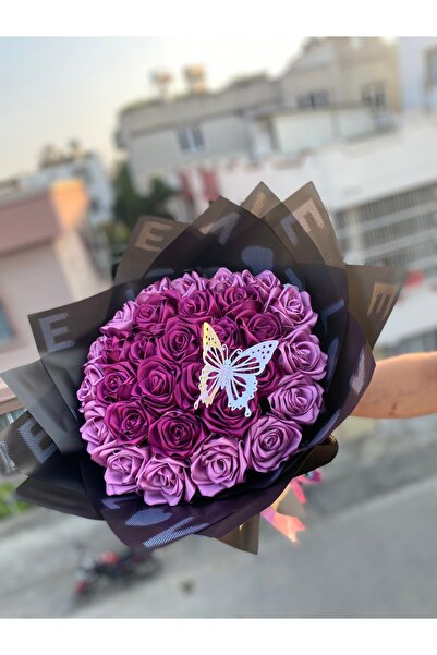 PARSÇİÇEK Solmayan Yapay Gül Ortası Koyu Kenarları Açık Mor Kelebekli Solmaya...