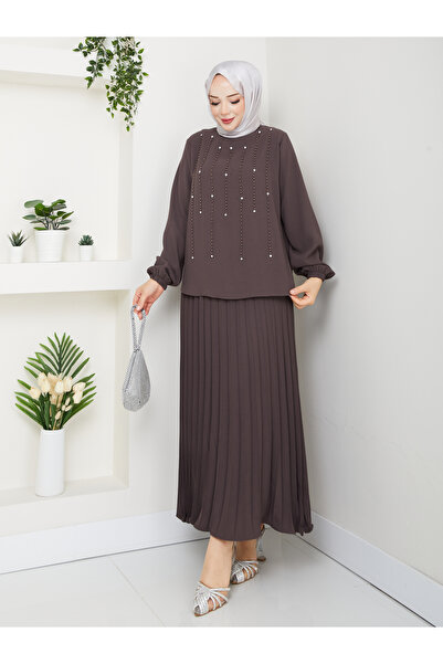 asyadabutik Fusta cu mărgele cu strasuri, țesătură creponată cu volane, costum din două piese de mărime mare