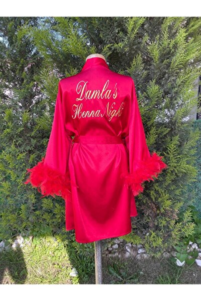 Before To Be Bride Kırmızı Kol Tüylü Kına Sabahlığı