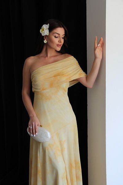 Julidress Yellow Patterned One Shoulder Lined Premium Chiffon Tulle Dress