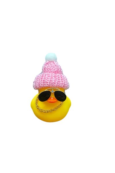 Choice Pink 1pc Cute Yellow Duck Car Ornament With Pink And Black Knitted Hat, Car Decoration, Holiday Gift