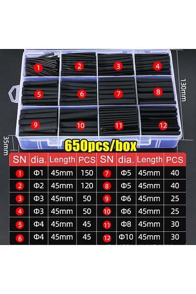 Choice 650pcs- Box Black Heat Shrink Tube Kit Thermoresistant Tubing Shrink Wire Wrapping Electrical Connec