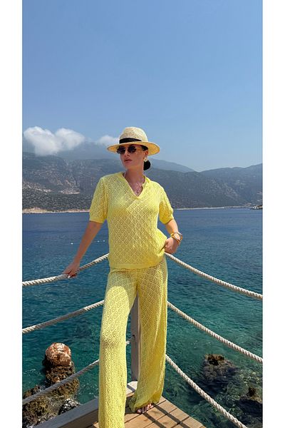 Julidress Yellow Blouse Pants Bottom Top Premium Openwork Beach Suit