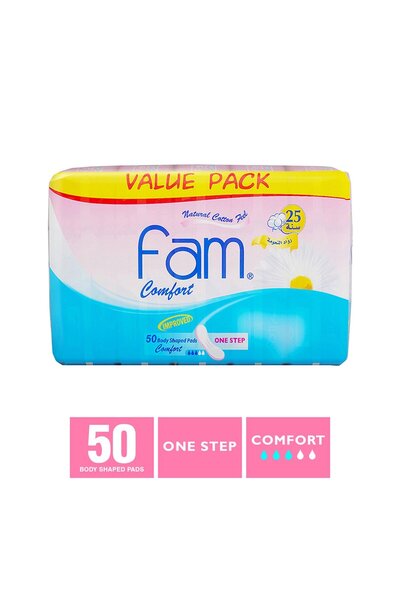 FAM فوط صحية ماكسي سميكة بدون أجنحة بملمس قطني طبيعي من وان ستيب، 50 قطعة