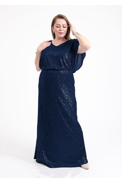 LİLAS XXL 9596 Büyük Beden Sırt Detyalı Pulpayet Uzun Elbise