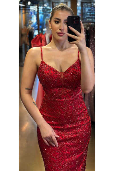 Abiyeniall Kırmızı Ip Askılı Bel Dekolteli Düz Kesim Simli Midi Abiye Elbise 7129