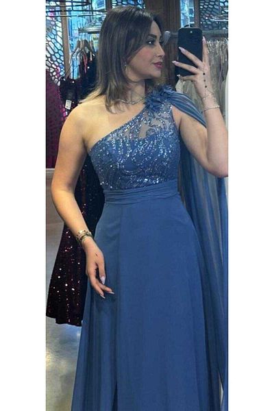 Abiyeniall Indigo One-Shoulder Chiffon Evening Dress - Flower Detailed, Slit, Flared Skirt 7505