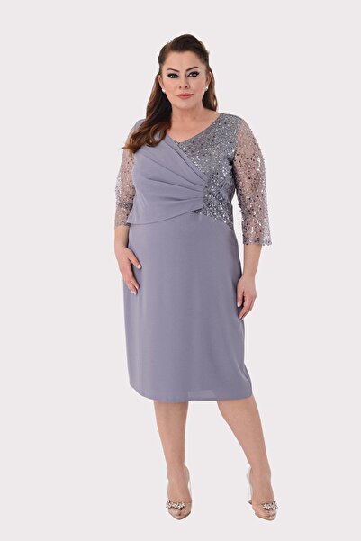 LİLAS XXL 2457 Büyük Beden Pulpayet Drapeli Tül Kol Kısa Krep Elbise