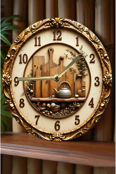 kutuTR 🕰️ Klasik Mutfak Temalı MDF Duvar Saati – 33 cm | 3D Görünümlü UV Baskı SDW351