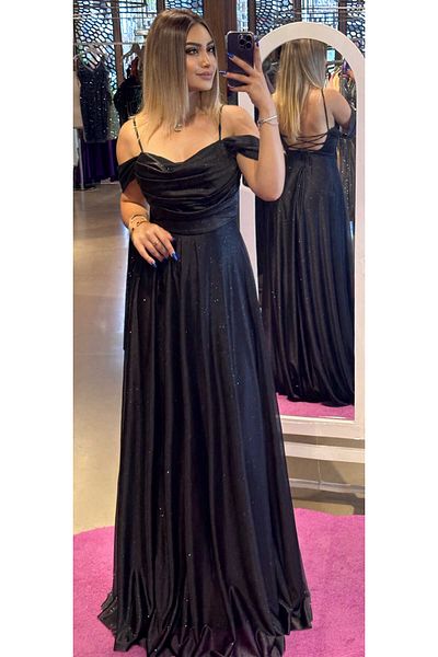 Abiyeniall Black Glitter Long Evening Dress - Rope Strap, Backless, Flared Skirt 7365