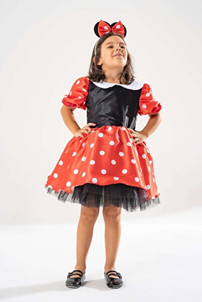 YAĞMUR KOStütüM Taç Hediyeli Minnie Mouse Kız Çocuk Kırmızı Puantiyeli Doğum Günü Elbisesi & Parti Kostümü