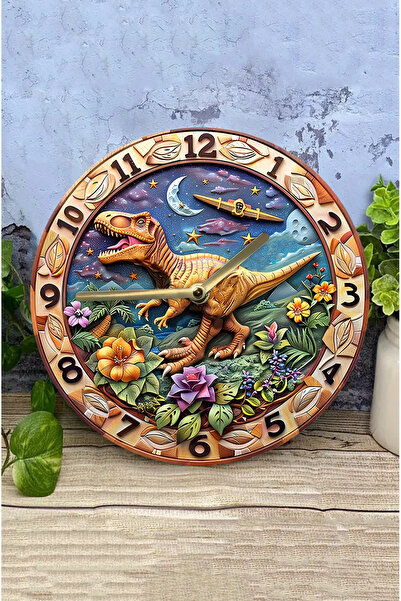 kutuTR Sessiz Yuvarlak Ahşap Duvar Saati, Kuvars Hareketli 2d Dinazor Desen S...