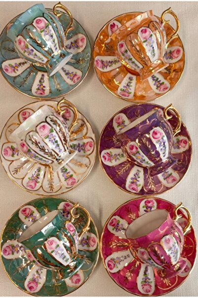 BY.RAYKA PORSELEN El Dekor Nevres Porcelain Hand Painting Coffee Cup Set