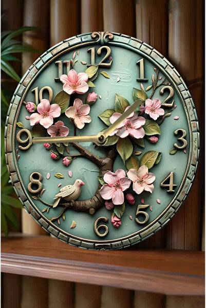 kutuTR 🌸 Kuşlu Çiçekli Vintage MDF Duvar Saati – 33 cm 🍃🕊️ SDW333