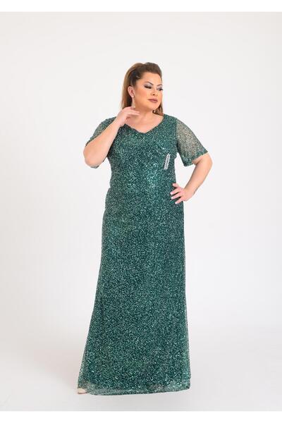 LİLAS XXL 2403 Büyük Beden Pulpayet Yandan Broşlu Uzun Elbise