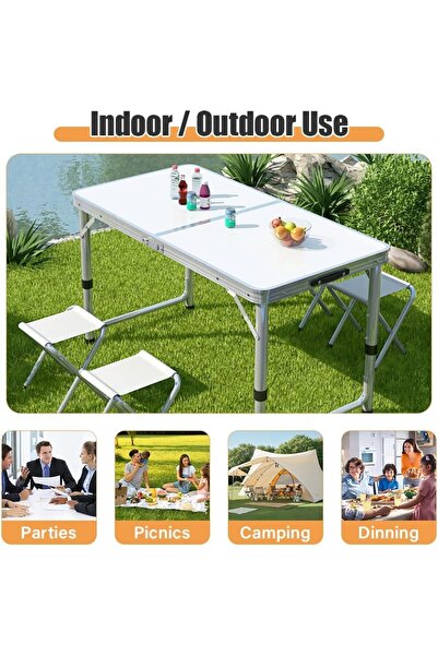 Smooth Incorporated Şemsiye Bölmeli 4-6 Kişilik 4 Tabureli Katlanır Kamp Masası Seti Piknik Tatil Bahçe Seti