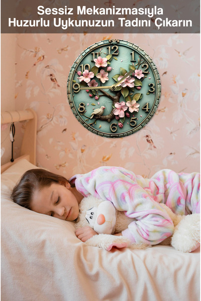 kutuTR 🌸 Kuşlu Çiçekli Vintage MDF Duvar Saati – 33 cm 🍃🕊️ SDW333