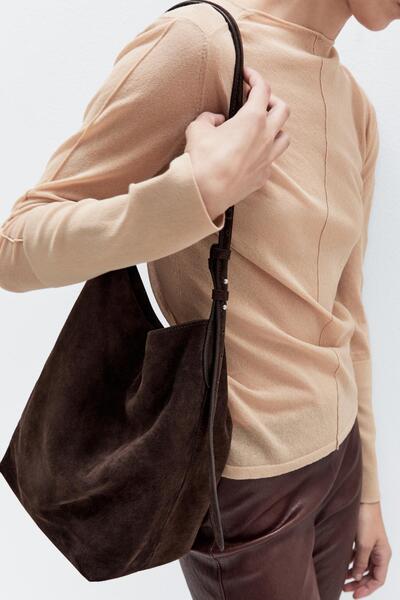 Massimo Dutti Kalın süet deri bucket çanta