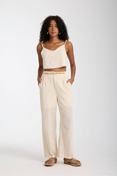 ABOUT US Bead Detailed Linen Bottom Top Women's Set